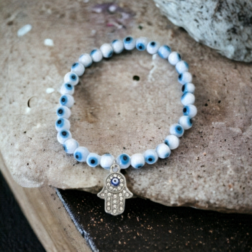 Evil Eye Beaded Stretch Bracelet with Hamsa Hand  | Handcrafted